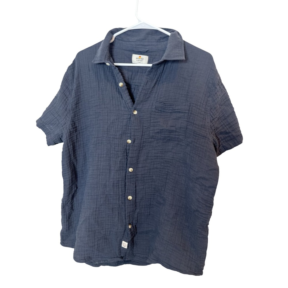 Marine Layer Shirt Mens Large Blue Crinkle Cotton Short Sleeve Button Up Casual